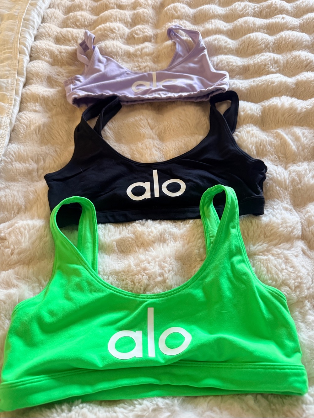 ALO Yoga Green, Black & Lavender Logo Sports Bras Trio